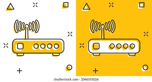 Wifi router icon in comic style. Broadband cartoon vector illustration on white isolated background. Internet connection splash effect business concept.