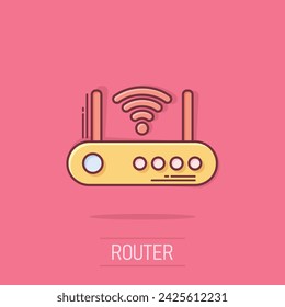 Wifi router icon in comic style. Broadband cartoon vector illustration on isolated background. Internet connection splash effect business concept.