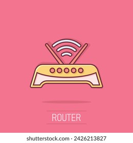 Wifi router icon in comic style. Broadband cartoon vector illustration on isolated background. Internet connection splash effect business concept.