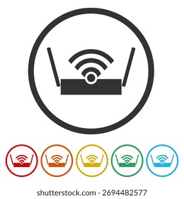 WiFi router icon in flat style. Set icons in color circle buttons