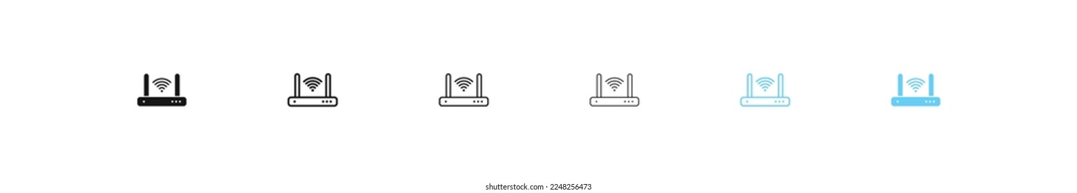 Wifi router icon. Internet modem signs. Wireless symbol. Network connection icons. Black and blue color. Vector isolated sign.