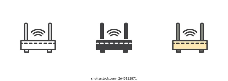 Ícone do roteador Wi-Fi definido em estilos diferentes, mostrando o dispositivo de rede com antenas. Inclui ícone de linha, contorno colorido preenchido e símbolo de vetor sólido.