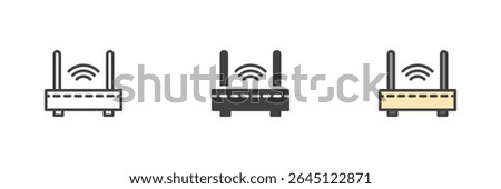 Wi-Fi router icon set in different styles showing network device with antennas. Includes line icon, colorful filled outline, and solid vector symbol.
