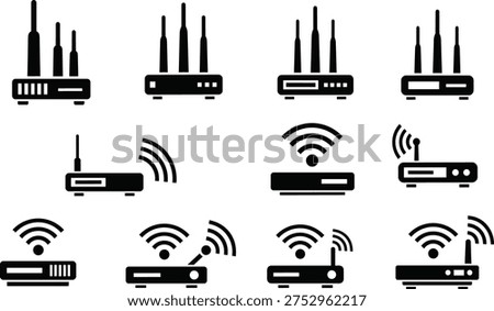 WiFi router icon set, wireless internet modem symbols, network hardware collection, signal transmitter devices, communication technology flat vector illustration pack