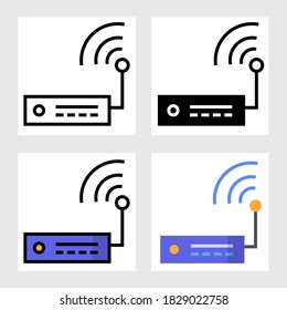 Diseño vectorial de iconos de encaminador Wifi en línea llana, delgada, contorno y plano.