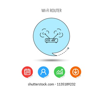 Wi-fi router icon. Wifi wireless internet sign. Device with antenna symbol. Calendar, User and Business Chart, Download arrow icons. Speech bubbles with flat signs. Vector