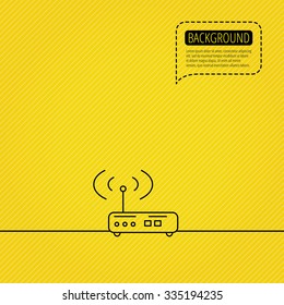 Wi-fi router icon. Wifi wireless internet sign. Device with antenna symbol. Speech bubble of dotted line. Orange background.