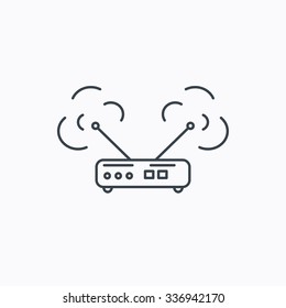 Wi-fi router icon. Wifi wireless internet sign. Device with antenna symbol. Linear outline icon on white background.