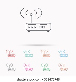 Wi-fi router icon. Wifi wireless internet sign. Device with antenna symbol. Linear icons on white background.