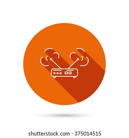 Wi-fi router icon. Wifi wireless internet sign. Device with antenna symbol. Round orange web button with shadow.