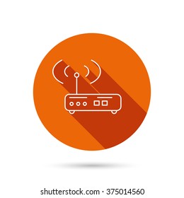 Wi-fi router icon. Wifi wireless internet sign. Device with antenna symbol. Round orange web button with shadow.
