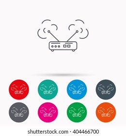 Wi-fi router icon. Wifi wireless internet sign. Device with antenna symbol. Linear icons in circles on white background.