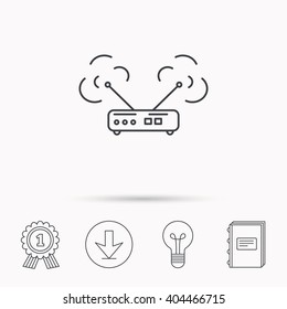 Wi-fi router icon. Wifi wireless internet sign. Device with antenna symbol. Download arrow, lamp, learn book and award medal icons.