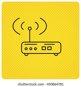 Wi-fi router icon. Wifi wireless internet sign. Device with antenna symbol. Linear icon on orange background. Vector