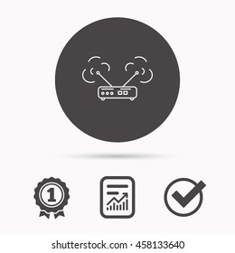 Wi-fi router icon. Wifi wireless internet sign. Device with antenna symbol. Report document, winner award and tick. Round circle button with icon. Vector