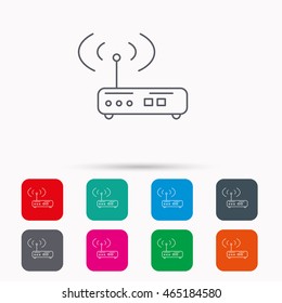 Wi-fi router icon. Wifi wireless internet sign. Device with antenna symbol. Linear icons in squares on white background. Flat web symbols. Vector