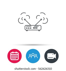 Wi-fi router icon. Wifi wireless internet sign. Device with antenna symbol. Group of people, video cam and calendar icons. Vector