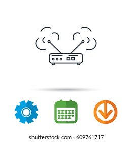 Wi-fi router icon. Wifi wireless internet sign. Device with antenna symbol. Calendar, cogwheel and download arrow signs. Colored flat web icons. Vector