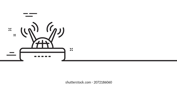 Icono de línea de enrutador Wifi. Signo de componente de equipo. Símbolo de Internet. Fondo mínimo de la ilustración de línea. Banner de patrón de icono de línea inalámbrica. Concepto de plantilla web blanca. Vector