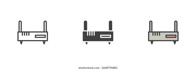 Wi-Fi router line icon, solid and filled outline colorful icon set featuring wireless router outline, solid router icon and filled outline router icon as color vector sign symbol.