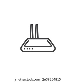 WiFi router line icon with two antennas and signal waves. This outline vector icon symbol represents wireless internet connectivity. Modern communication icon.