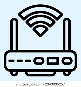 Wi-Fi router line icon. Wireless network switch with antenna and signal coverage sign. Horeca vector design concept, outline style pictogram on white use for and app. Eps 10.
