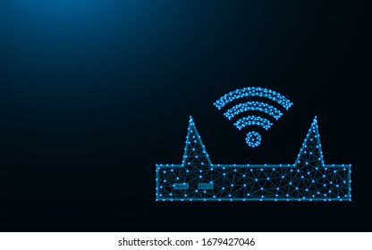 Wi-Fi router made from points and lines on dark blue background, device for internet distribution wireframe mesh polygonal vector illustration