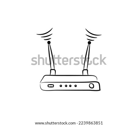 Wifi router modem doodle, a hand drawn vector doodle of a wifi internet router with antenna, isolated on white background.