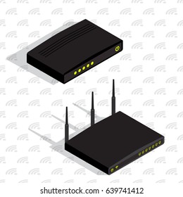 Wifi router and modem, isometric devices, wireless technology, vector illustration. Realistic internet technology communication devices.