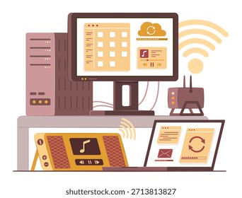 Módem del router de Wifi que transmite la señal inalámbrica a la computadora de escritorio, computadora portátil y altavoz portátil para Internet y conexión de red inalámbrica Concepto de Tecnología Ilustración