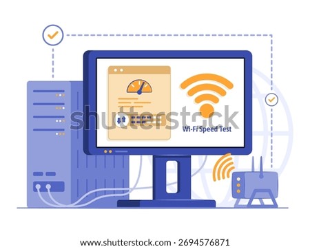 Wifi Router Modem Transmitting the Wireless Signal to Desktop PC Computer for Testing Wifi Signal Speed for Internet and Wireless Network Connection Technology Concept Illustration