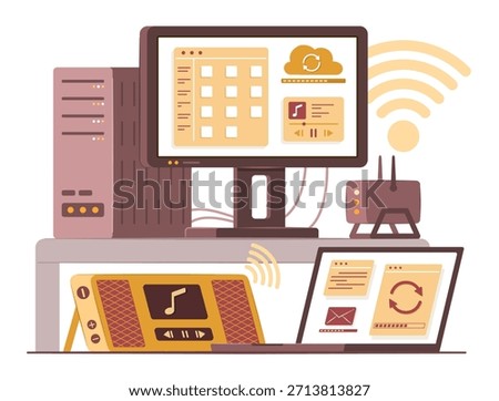 Wifi Router Modem Transmitting the Wireless Signal to Desktop PC Computer, Laptop Computer and Portable Speaker for Internet and Wireless Network Connection Technology Concept Illustration