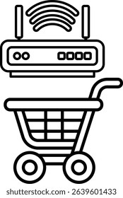 A Wi-Fi router is placed on top of a shopping cart, creating a unique and functional design. The cart is black and white, giving it a modern and minimalist look