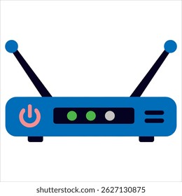 Roteador Wi-Fi com botão liga/desliga e duas antenas. Moderno equipamento de TI com indicadores brilhantes, perfeito para provedor de internet e temas de tecnologia. Ilustração de ícone de vetor isolado em estilo plano.