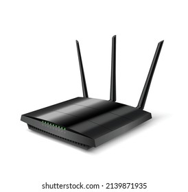Wifi router realistic angle view mockup, black home device with antennas for wireless internet connection isolated on white background. 3d vector illustration