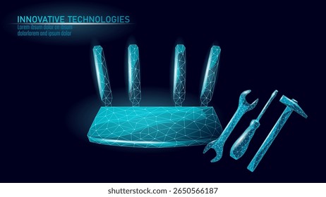 Ícone de reparo do roteador Wifi. Ilustração do serviço técnico de correção de conexão sem fio em estilo poligonal. Suporte de TI para solução de problemas de segurança de dados da rede doméstica. Ilustração de vetor azul de fundo azul escuro