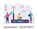 Wi-Fi router repair and setup. Improving quality of wireless communication. Male technician or system administrator sets up communications equipment. Users use gadgets with wireless internet. vector