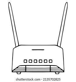 Wi-Fi router. Sketch. A device for wireless connection of the user to the Internet with two antennas. Internet technology. Vector illustration. Doodle style. Outline on an isolated background. 