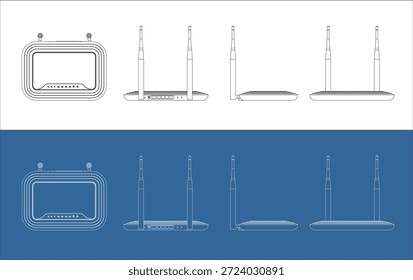 Wi-Fi Router Technical Drawing Blueprint Múltiplas visualizações ortográficas com antenas e portas
