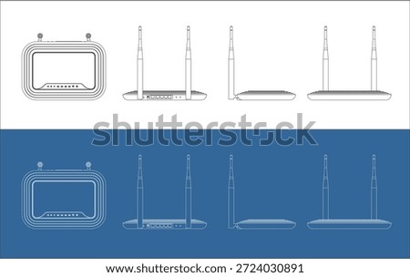 Wi-Fi Router Technical Drawing Blueprint Orthographic Multiple Views with Antennas and Ports
