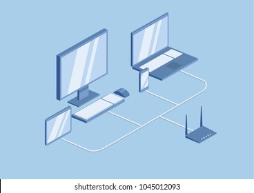 wifi router technology, the local network. Desktop, laptop and mobile gadgets are connected to the network using a router. Isometric vector illustration, isolated on blue background.