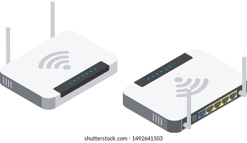 Wi-fi router with two antennas. Isometric illustration with different viewing angles.