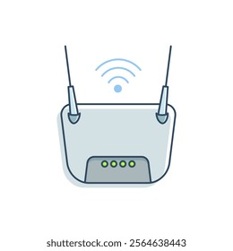 WiFi router with two antennas and signal icon on it, showing wireless connectivity. The router has four green indicator lights on its front panel. suitable for technology-related content.