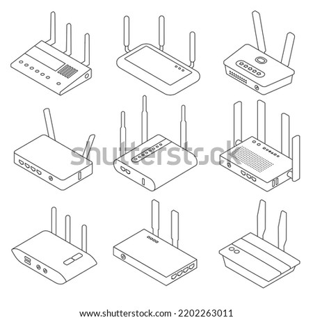 Wifi router vector isometric outline set icon. Isolated isometric set icon internet modem. Vector outline illustration wifi router on white background.