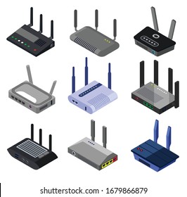 Wifi Router Vector Isometric Set Icon. Isolated Isometric Set Icon Internet Modem. Vector Illustration Wifi Router On White Background.