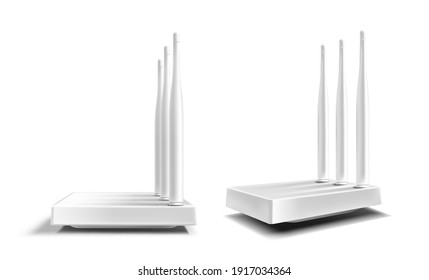 WLAN-Router, Wireless-Breitbandmodem mit Antennen einzeln auf weißem Hintergrund. Vektor-realistische Darstellung des Ethernet-Routers für die schnelle Netzwerkverbindung und den Internetzugang