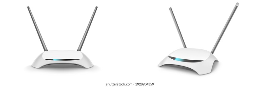 Wifi router, wireless broadband modem with antennas in front and perspective view. Vector realistic mockup of Ethernet router for network connection and Internet access isolated on white background