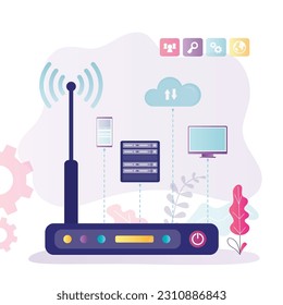 Wi-Fi router, wireless connection technologies, various gadgets using Wifi router, free Wi Fi hotspot zone. Different devices connected in network. Wireless access point. flat vector illustration