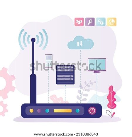 Wi-Fi router, wireless connection technologies, various gadgets using Wifi router, free Wi Fi hotspot zone. Different devices connected in network. Wireless access point. flat vector illustration