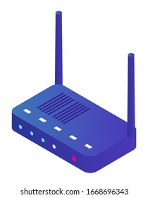 Router WiFi, módem Ethernet inalámbrico, elemento doméstico inteligente, vector de dispositivo aislado. Internet proporciona equipos y red, transmisión de señales. Conexión o enlace digital y sistema WLAN, isométrico